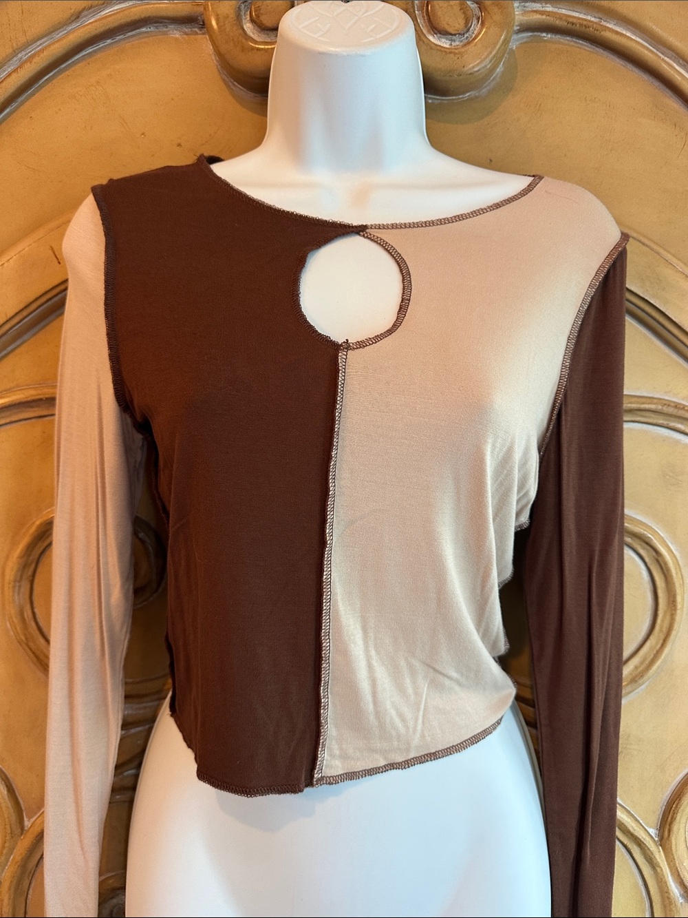 Pacsun Two-Tone Cutout Long-Sleeve Top in Brown and Beige